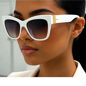 Cat‎ Eye Sunglasses White Frame Gold Accent Black Lens UV400 Protection Lentes